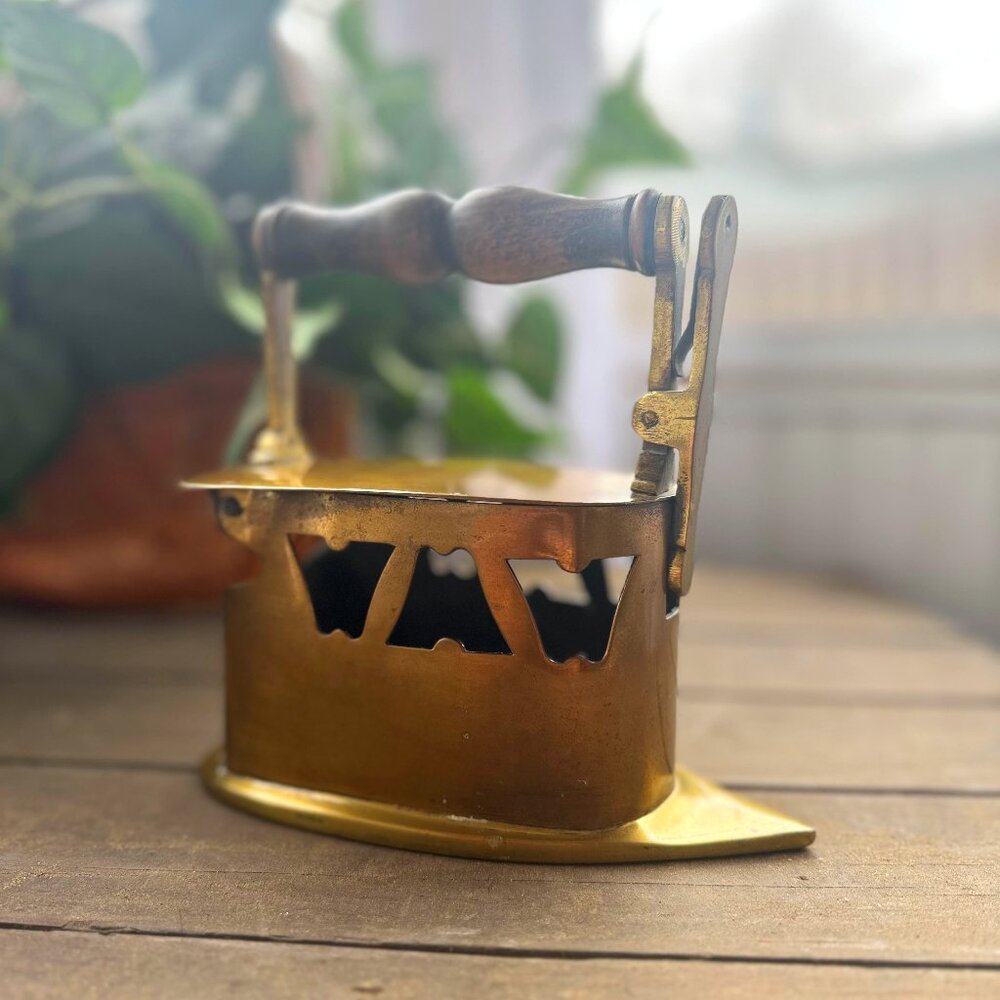 Antique Brass Coal Iron with Wood Handle